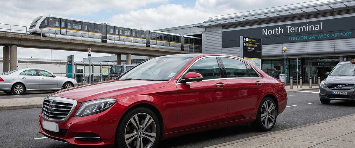 Red Ashford Infinity Cabs executive taxi outside Gatwick Airport North Terminal, with the inter-terminal monorail visible. Reliable private hire for airport commutes.