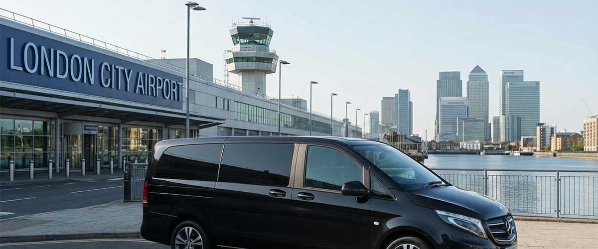 Ashford Infinity Cabs black executive MPV at London City Airport, with the control tower and Canary Wharf skyline in the background. Premium business airport transfers.