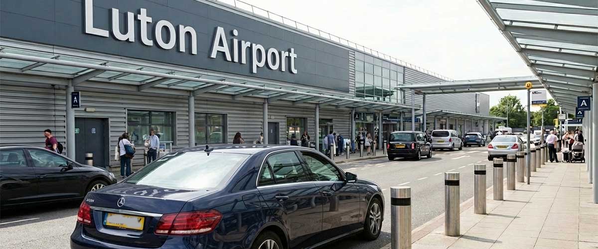 Blue private hire saloon car from Ashford Infinity Cabs parked outside the Luton Airport terminal entrance. Efficient and convenient airport transfer service.
